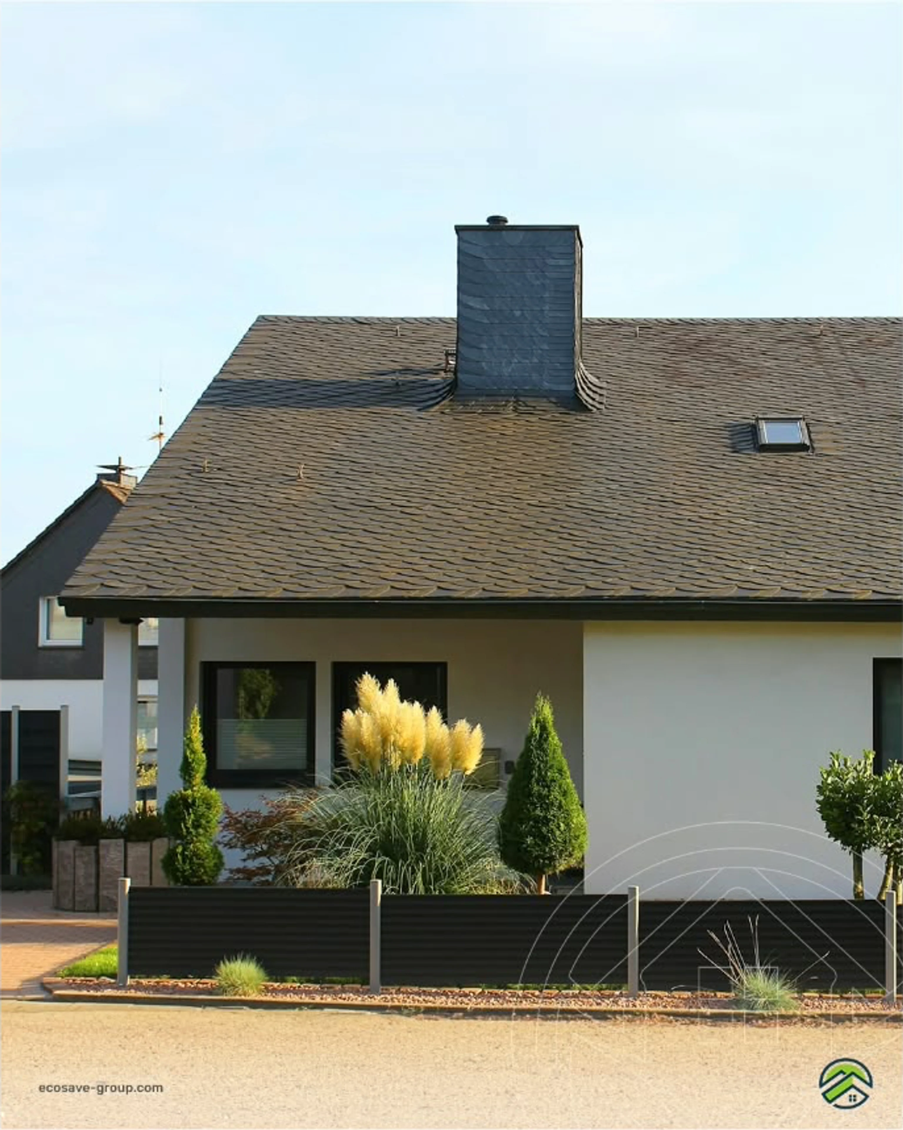 Shingle roof and chimney featured in an EcoSave roofing post
