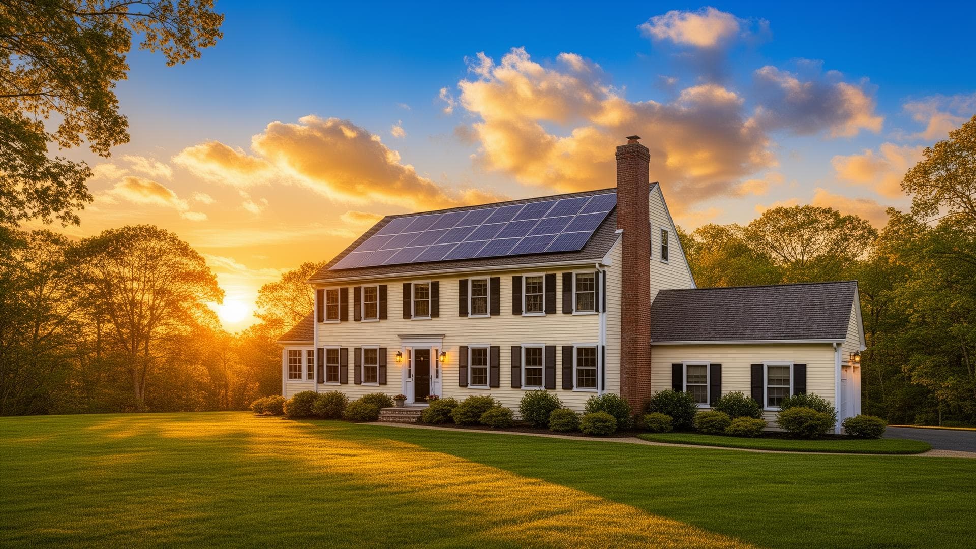 Beautiful Massachusetts home with solar panels at golden hour