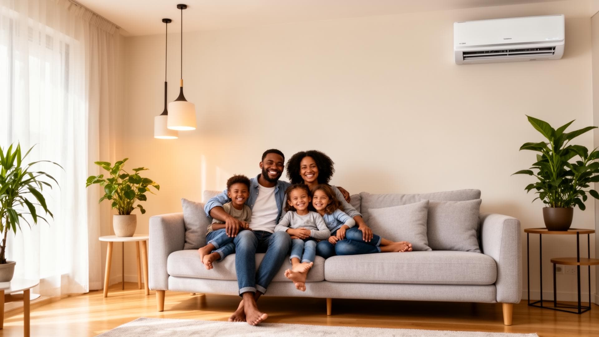 Happy family relaxing on sofa with mini-split system in comfortable living room