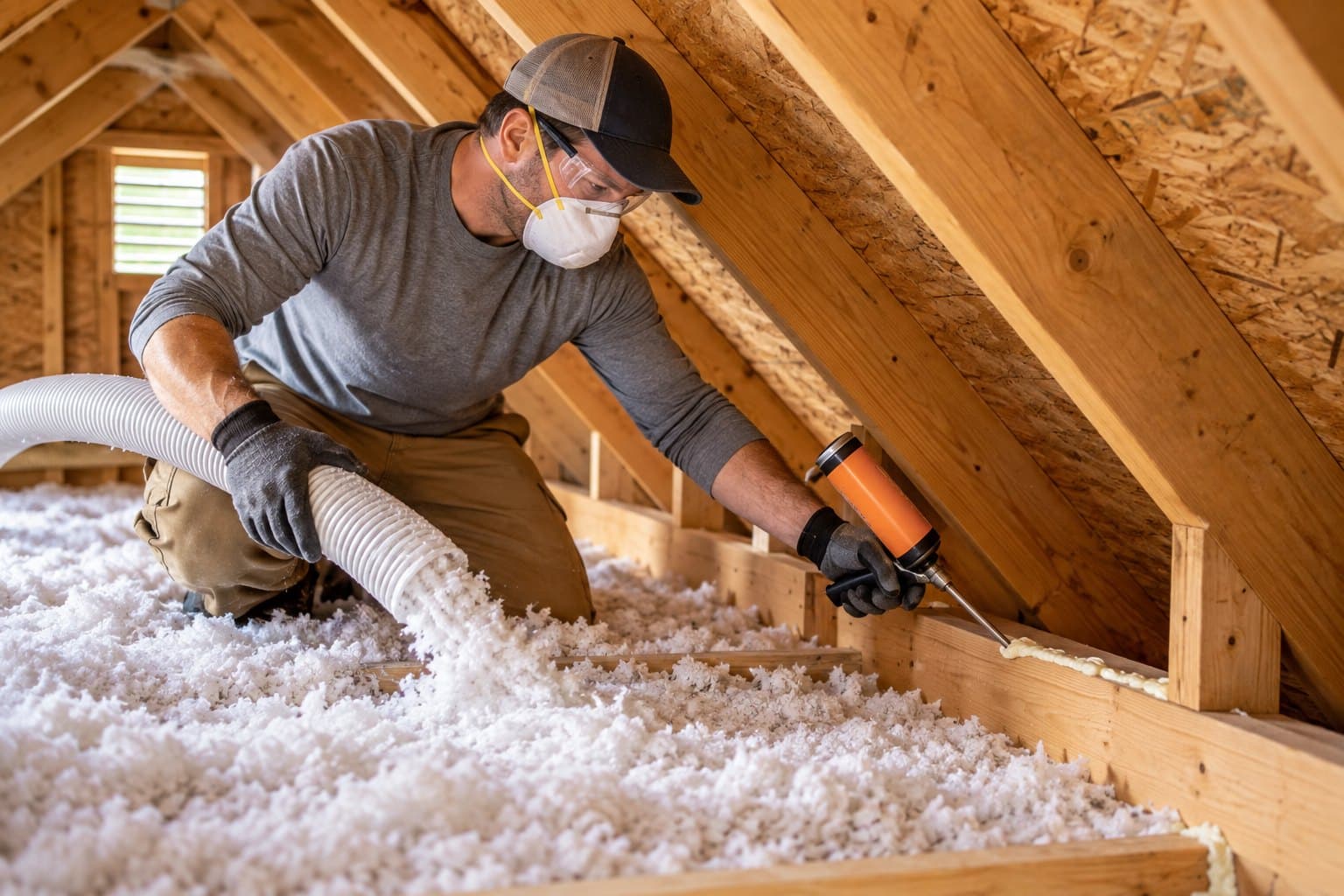 A worker in a mask using a foam gun on attic framing above a floor of loose blown-in insulation