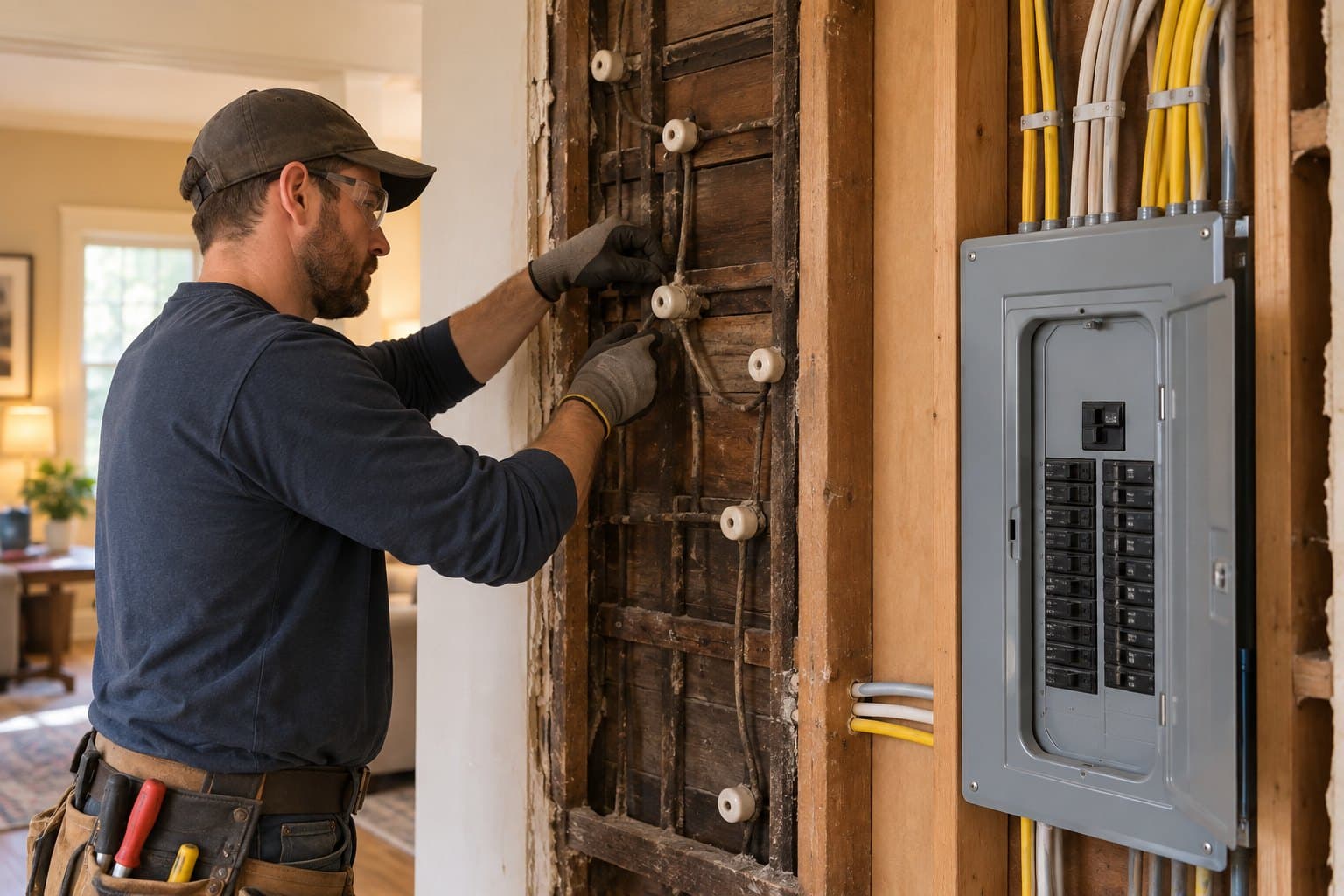 A worker in gloves handling old wiring on porcelain knobs inside an opened wall, beside an electrical panel