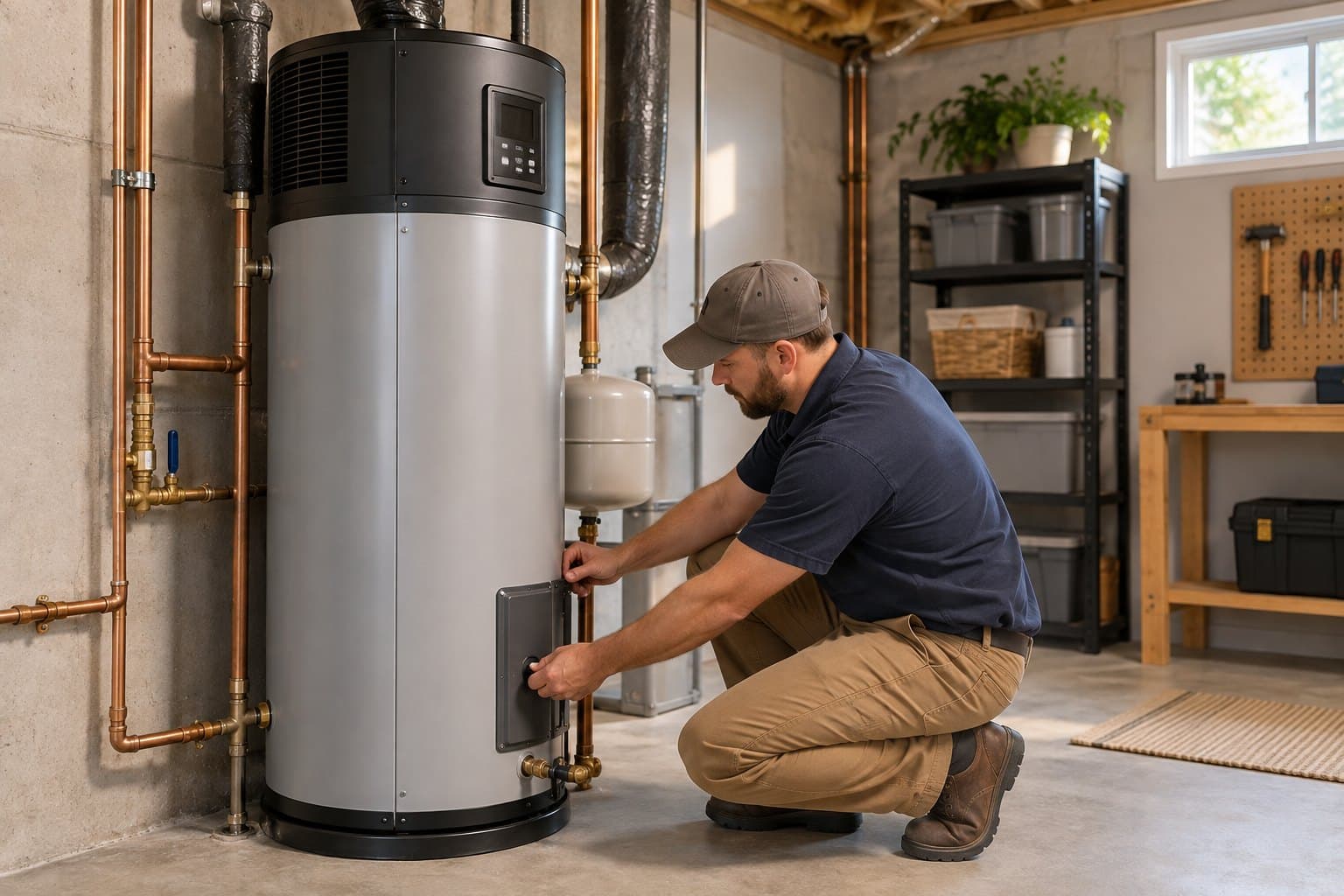 A technician kneeling to adjust a tall water heater in a clean basement