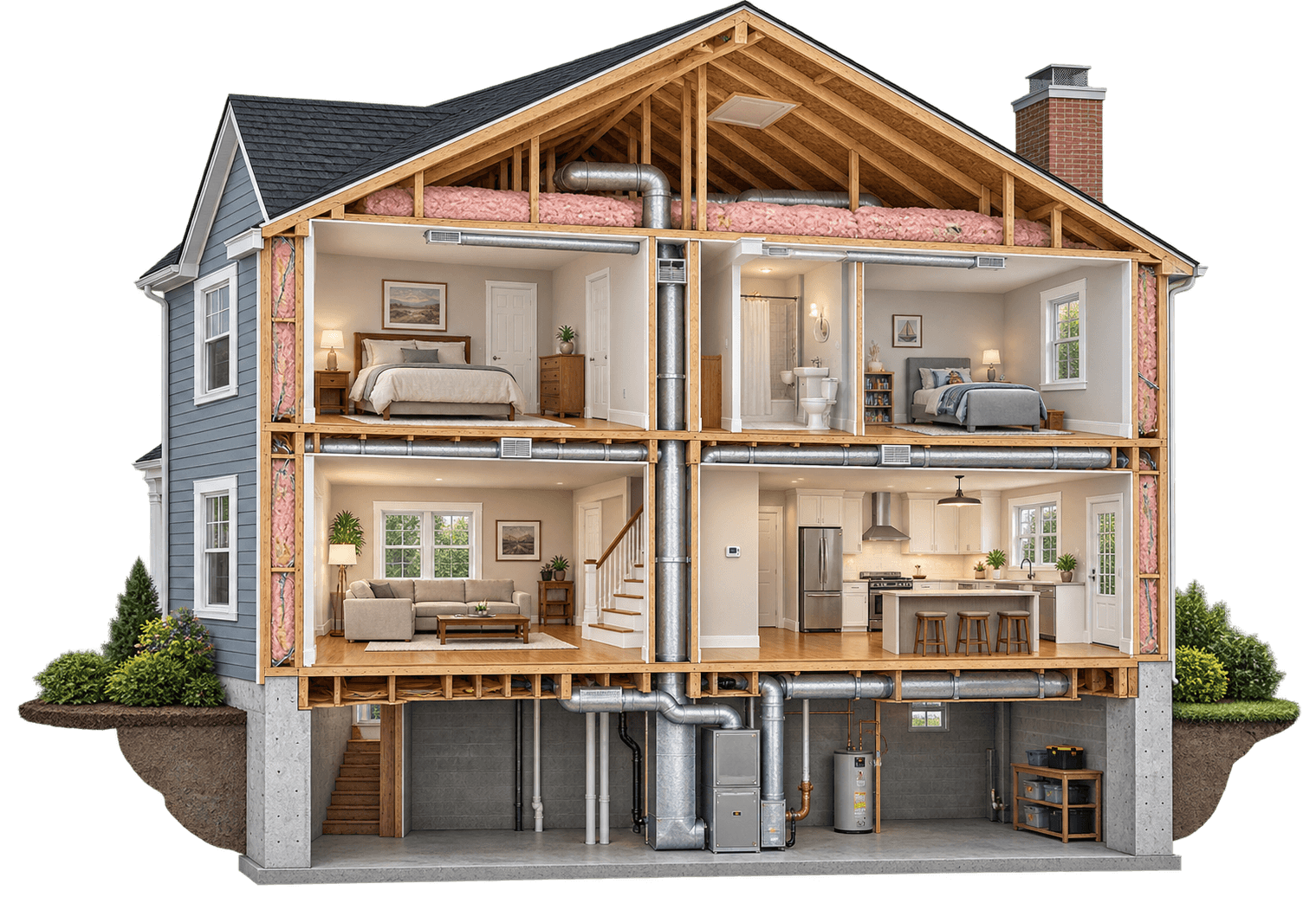 Cutaway illustration of a home showing insulation, ductwork and mechanical systems — an illustrative visualization of areas commonly reviewed during a home energy assessment, not a depiction of any particular home.