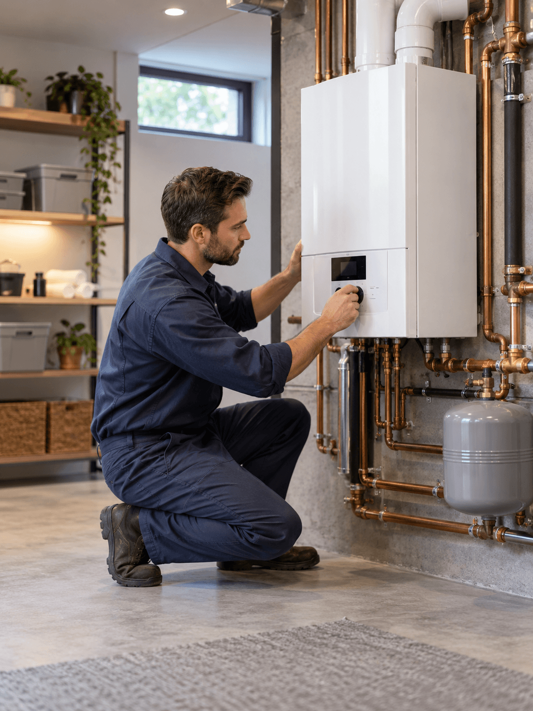 A technician adjusting the controls of a wall-mounted boiler, with copper hydronic piping and an expansion tank beside it