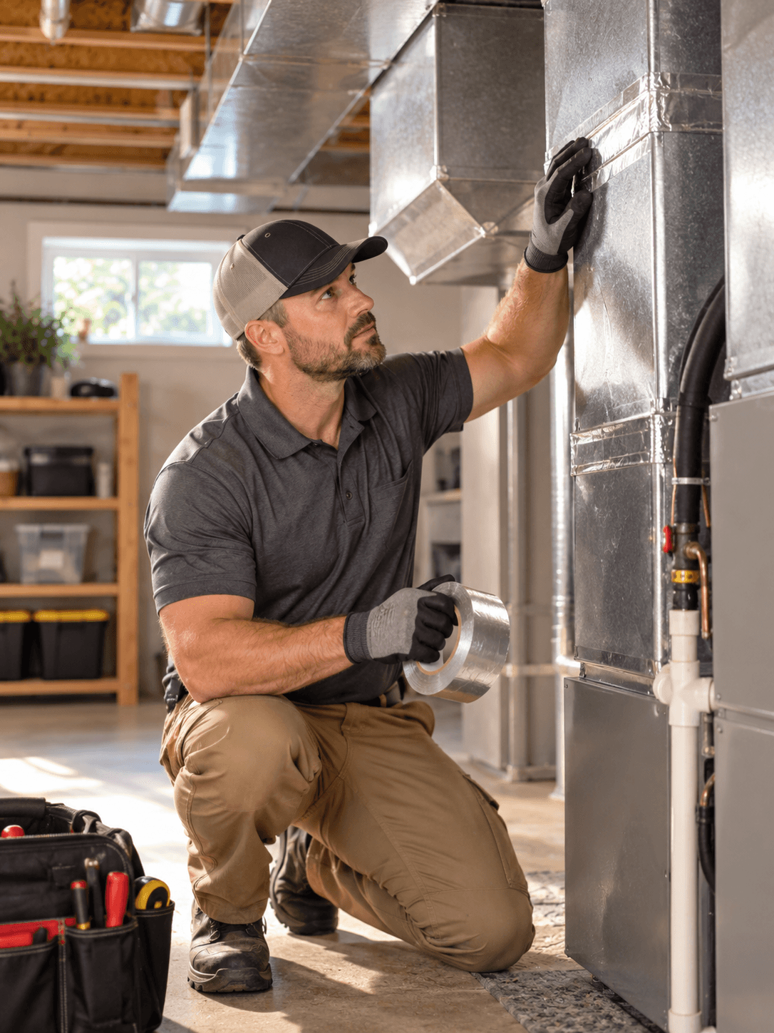 A technician pressing foil tape along a seam in metal ductwork beside an HVAC unit