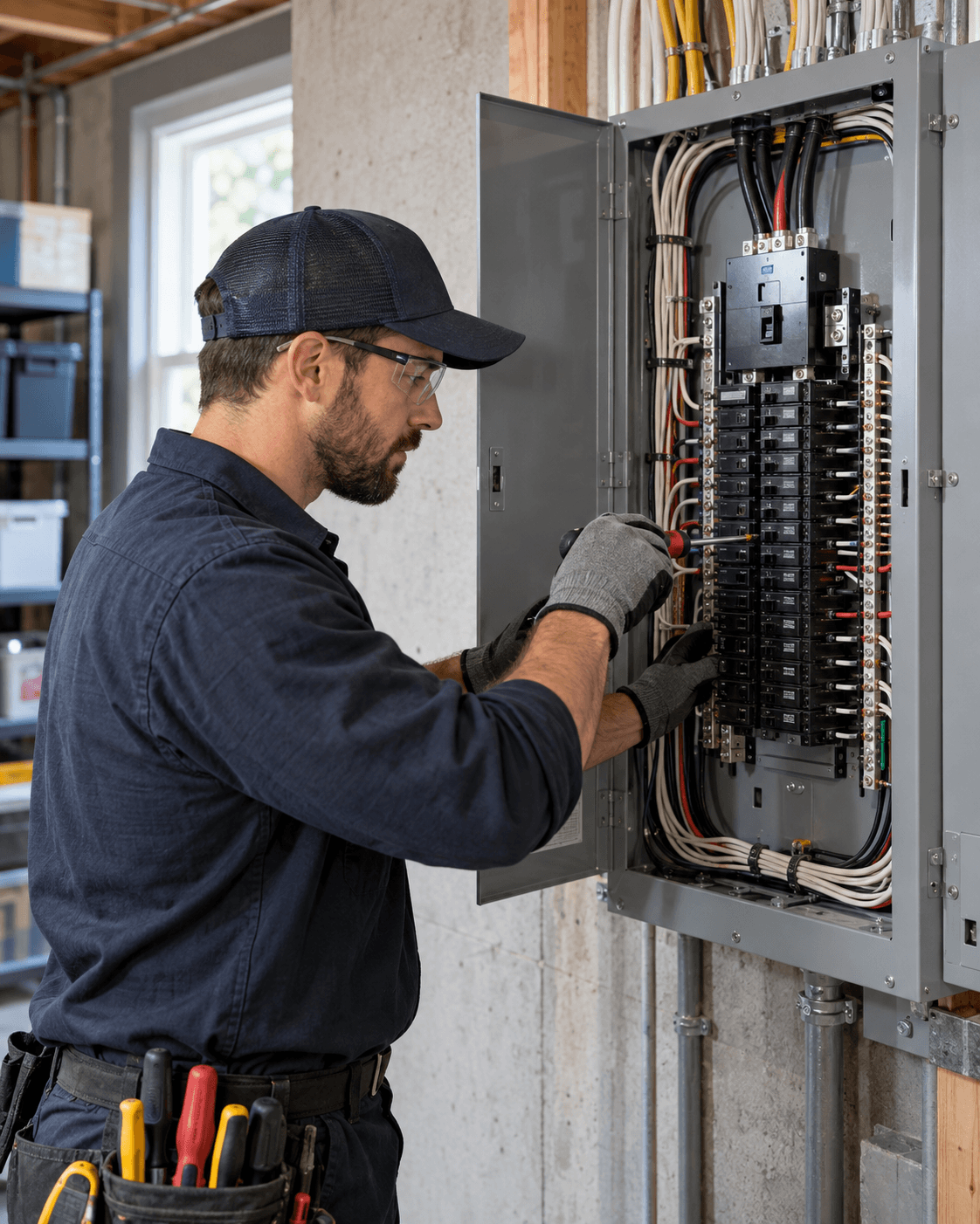 An electrician working with a screwdriver inside an open residential electrical panel on a basement wall