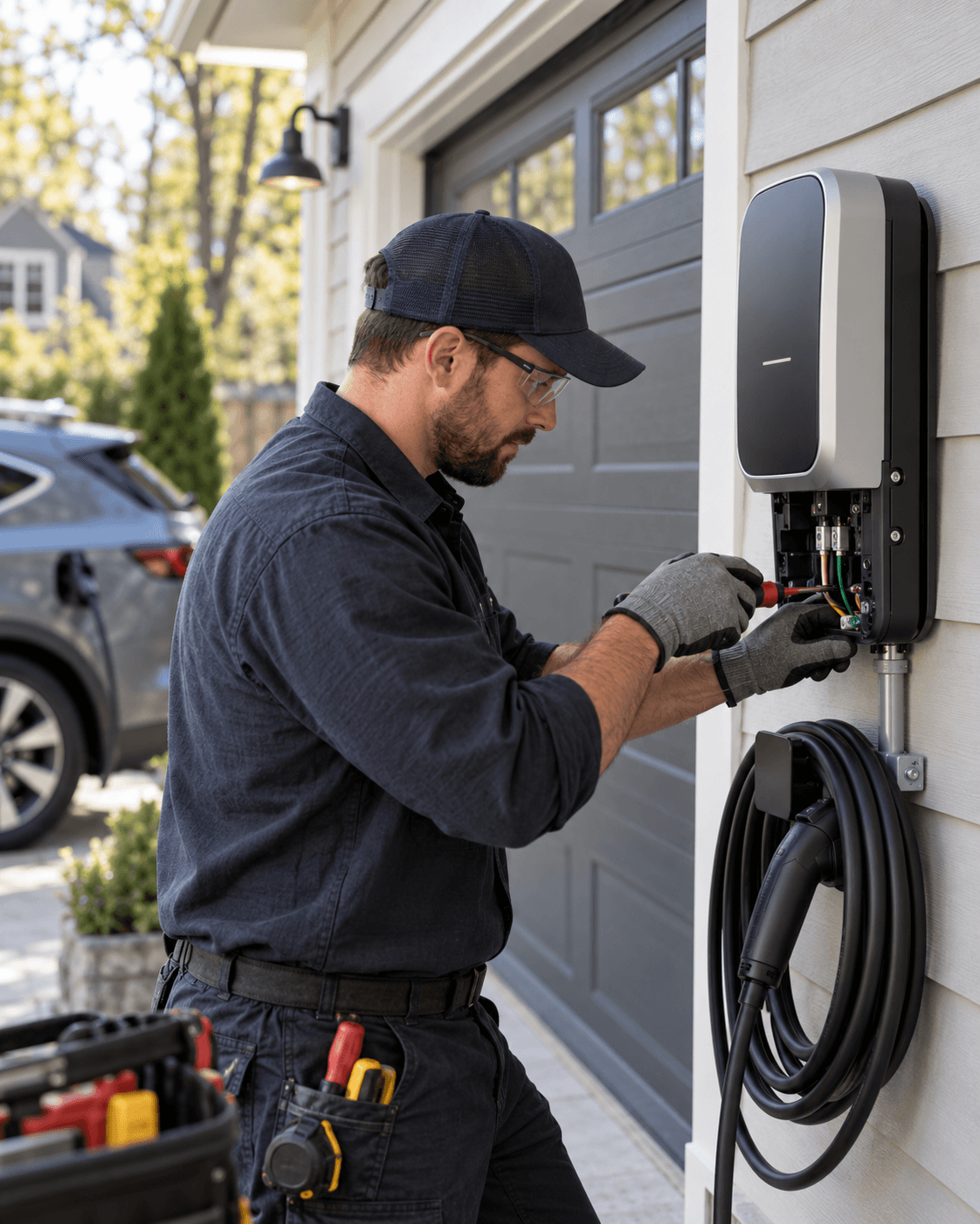 An electrician wiring a wall-mounted EV charger beside a garage door, with a car in the driveway