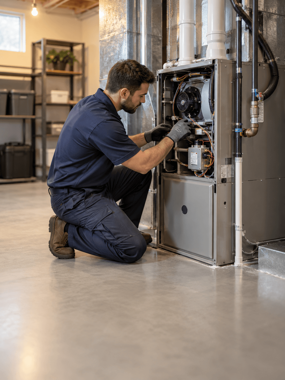 A technician kneeling at an open forced-air furnace in a basement, with sheet-metal ductwork behind it