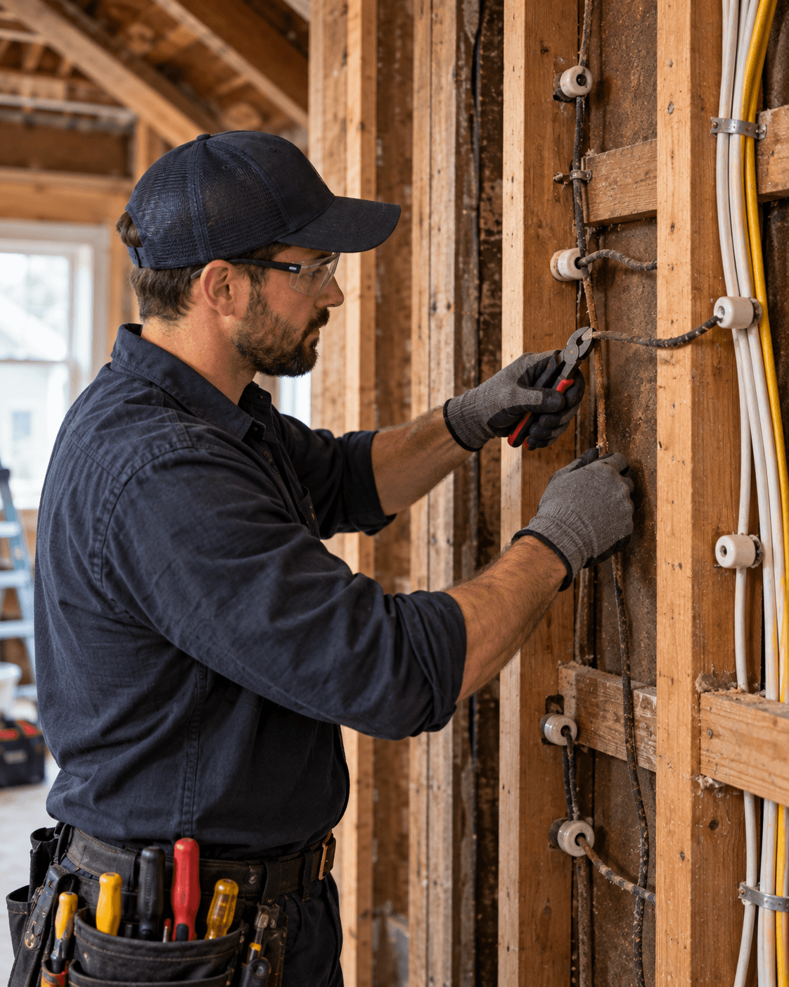 An electrician cutting old knob-and-tube wiring on ceramic knobs along exposed wall framing