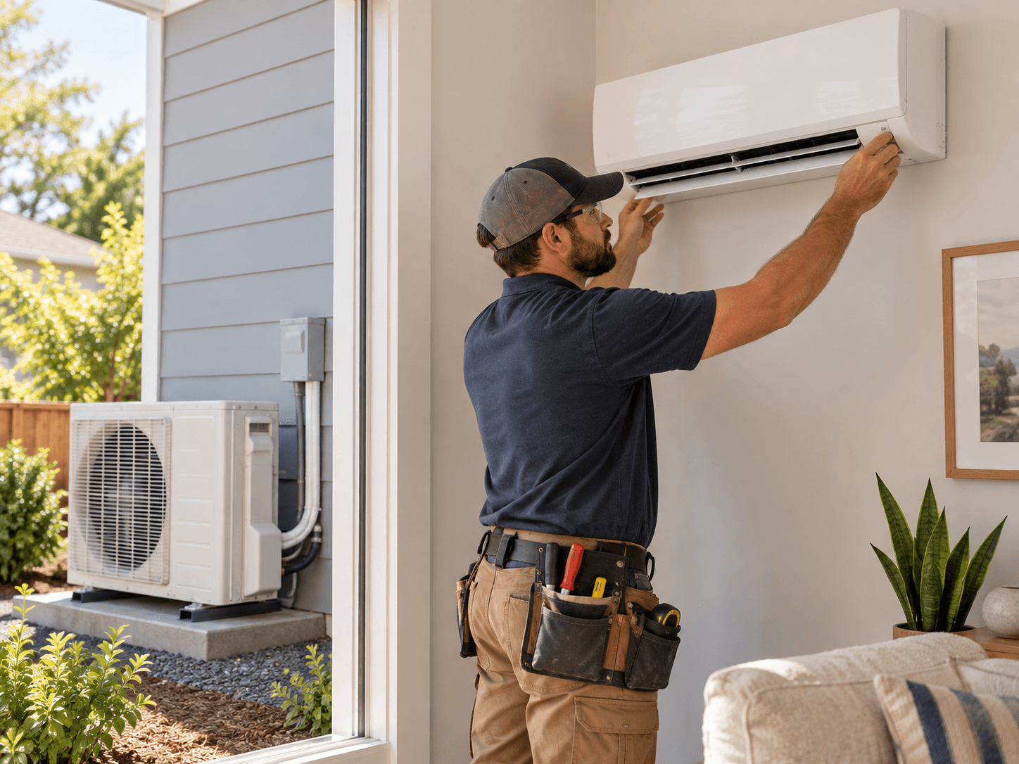 A technician servicing an indoor mini-split unit, with its outdoor unit beside the home